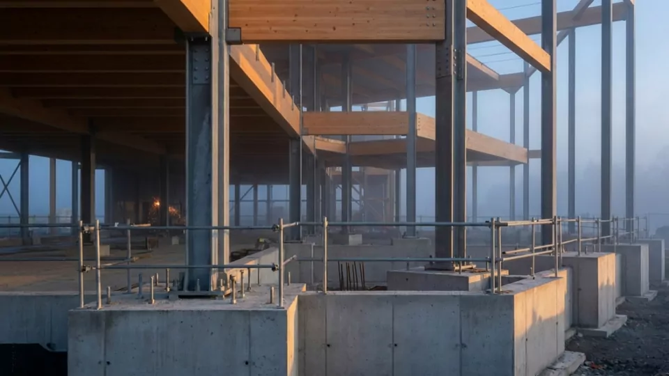 Concrete footings among morning mist at dawn