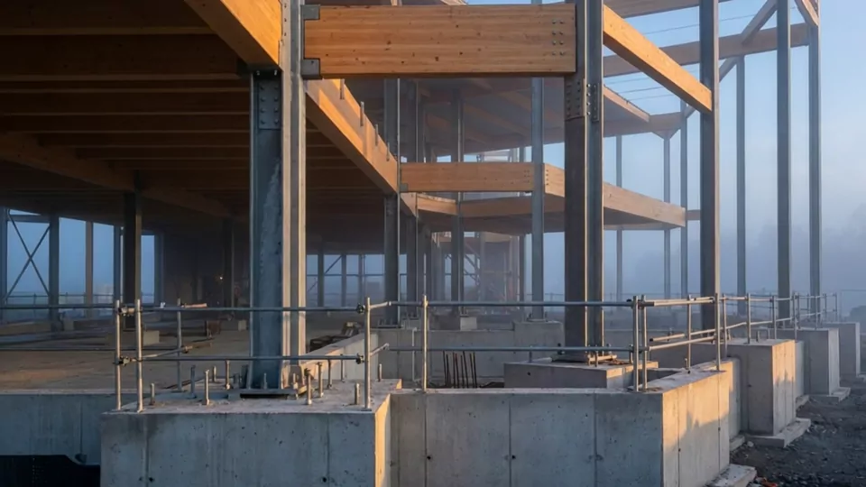 Bolted steel columns rising into the dawn haze