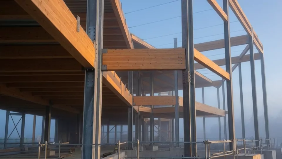 Glulam timber meeting bolted steel