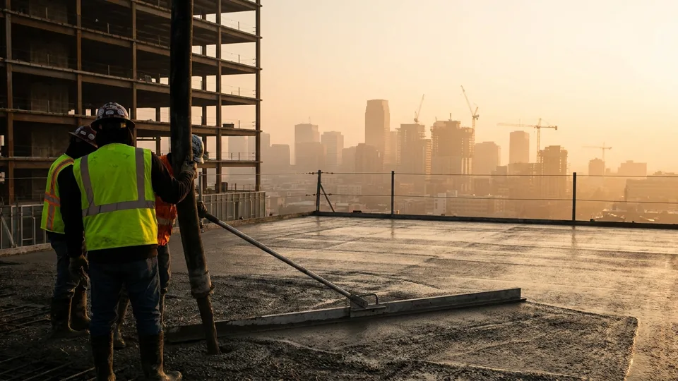 A concrete deck pour in progress at the edge of an upper floor