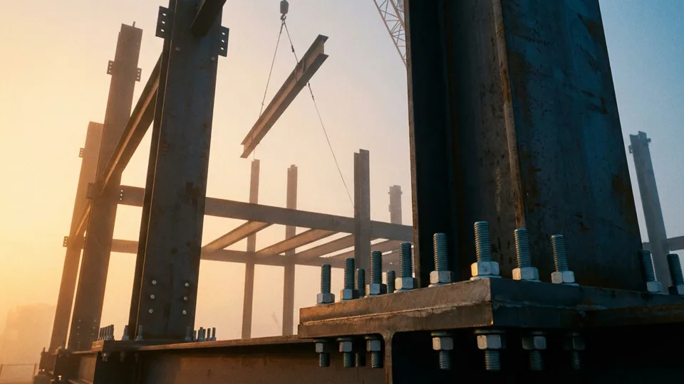 Bolted steel columns rising into dawn haze, the crane line taut above
