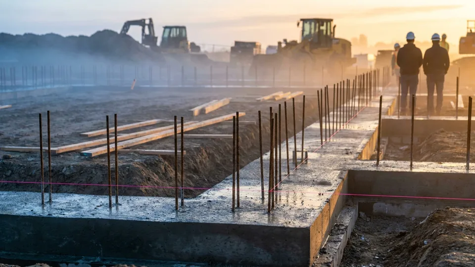 Concrete footings with rebar dowels in the morning mist of a cleared site