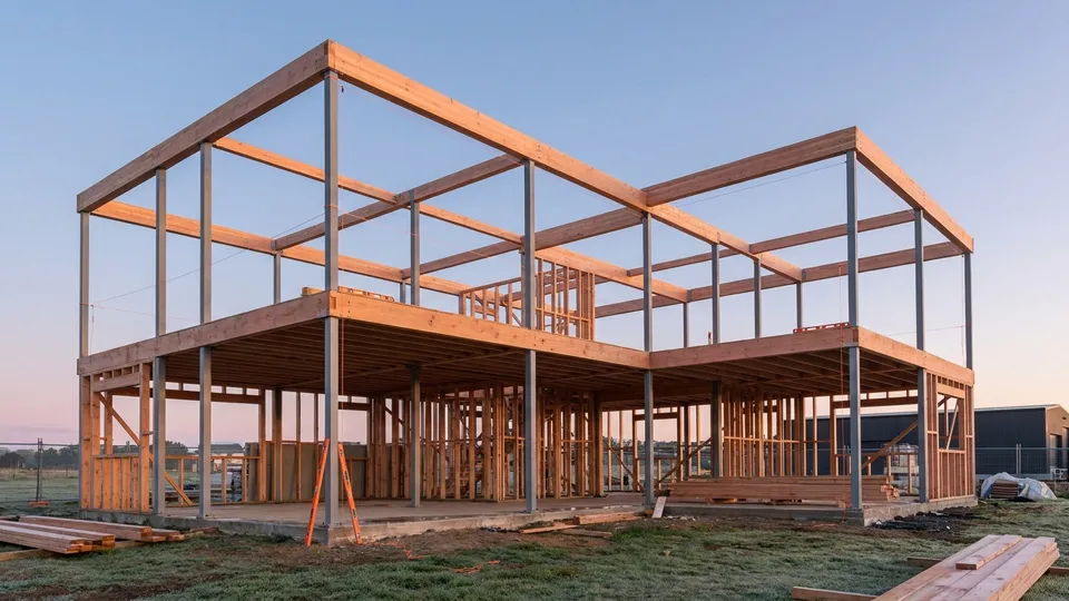 The finished structural frame reading plumb and true against an early sky