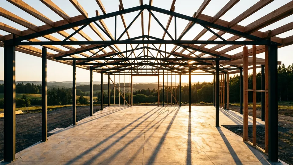 Low amber sun raking across the finished grid of steel and timber