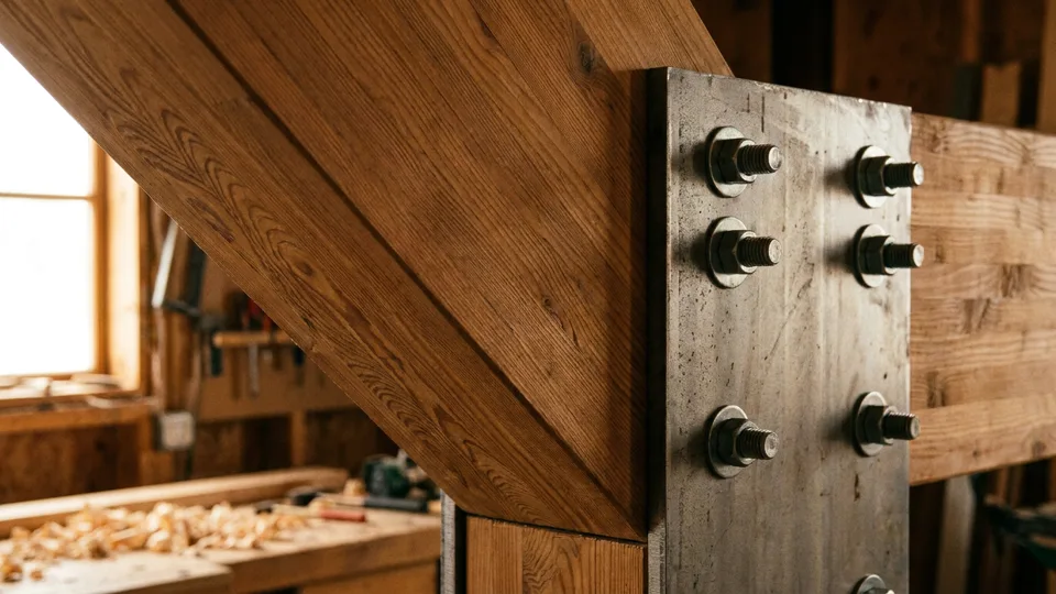 A glulam beam meeting its bolted steel connection plate at close range