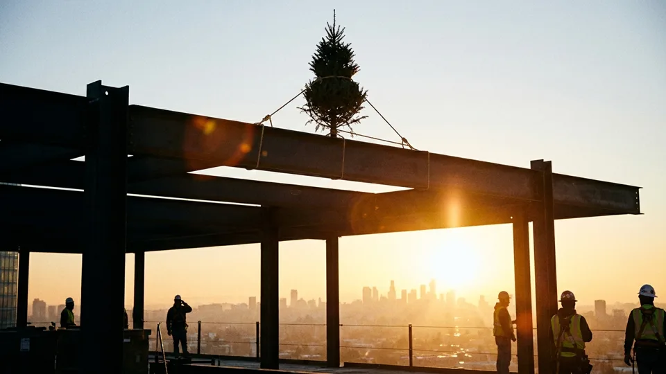 The highest chord of the frame with an evergreen tied to it at sunrise