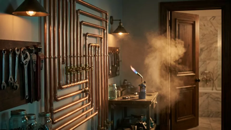 A wall of copper pipe runs in warm workshop light