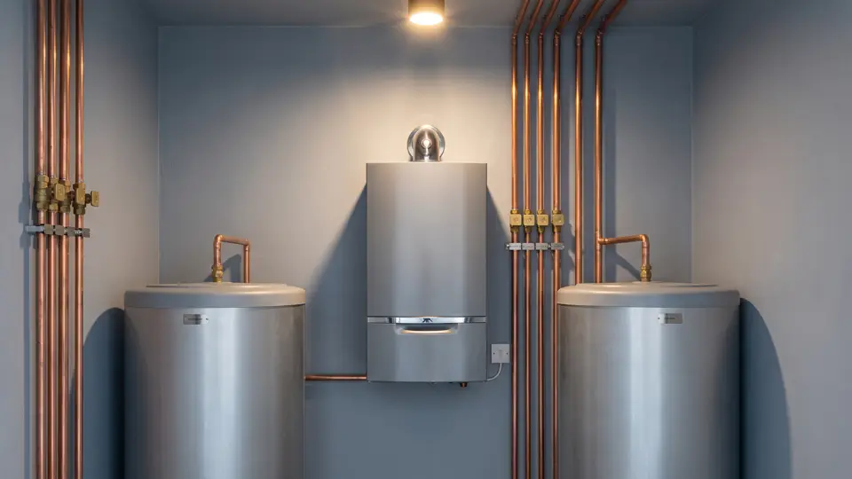 A wall-hung condensing boiler with copper flow and return rising in perfect parallel