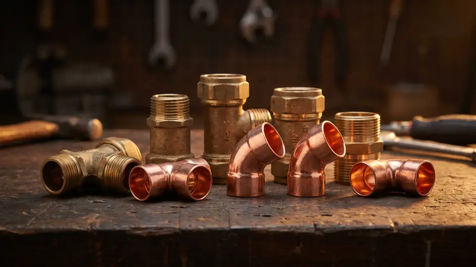 Brass fittings and polished copper elbows laid out on a dark workbench