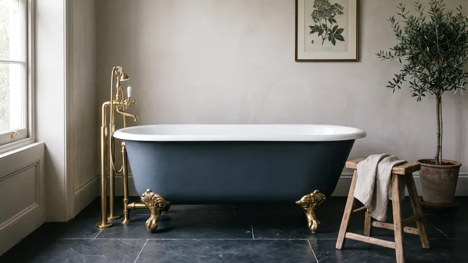 A cast-iron clawfoot tub on polished brass feet beside an exposed floor-mounted filler