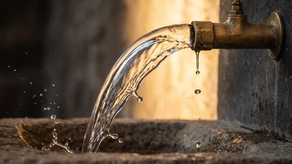 Clear water running smooth and glassy from a brass tap into a stone basin