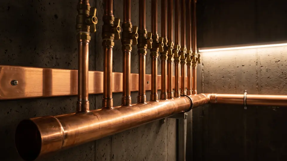 A copper manifold with parallel branch lines rising from it, brass valve handles in a row