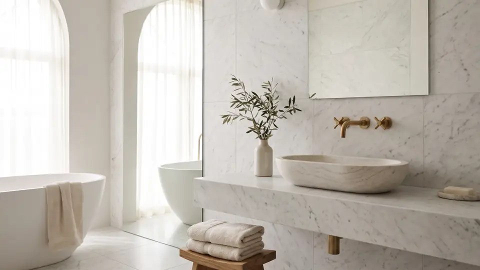 A honed marble bathroom with an unlacquered brass mixer over a stone basin