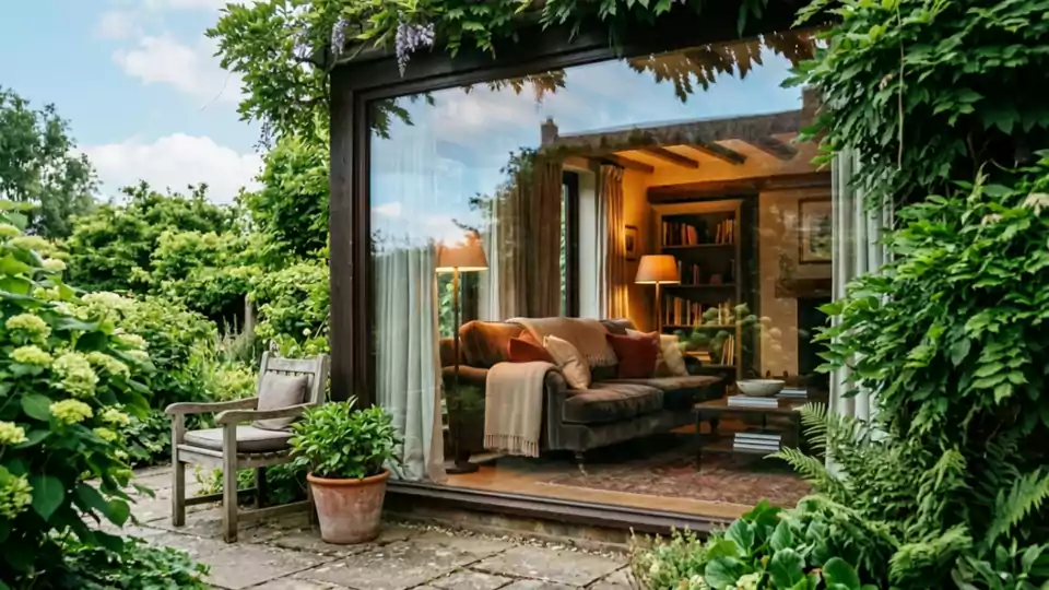 The living-room window in high summer green