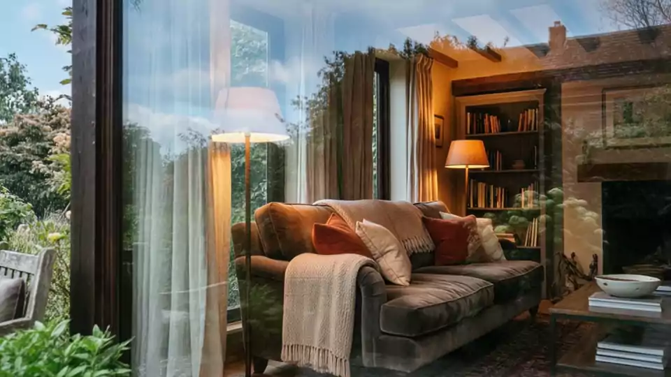 The warm room as snow falls beyond the window