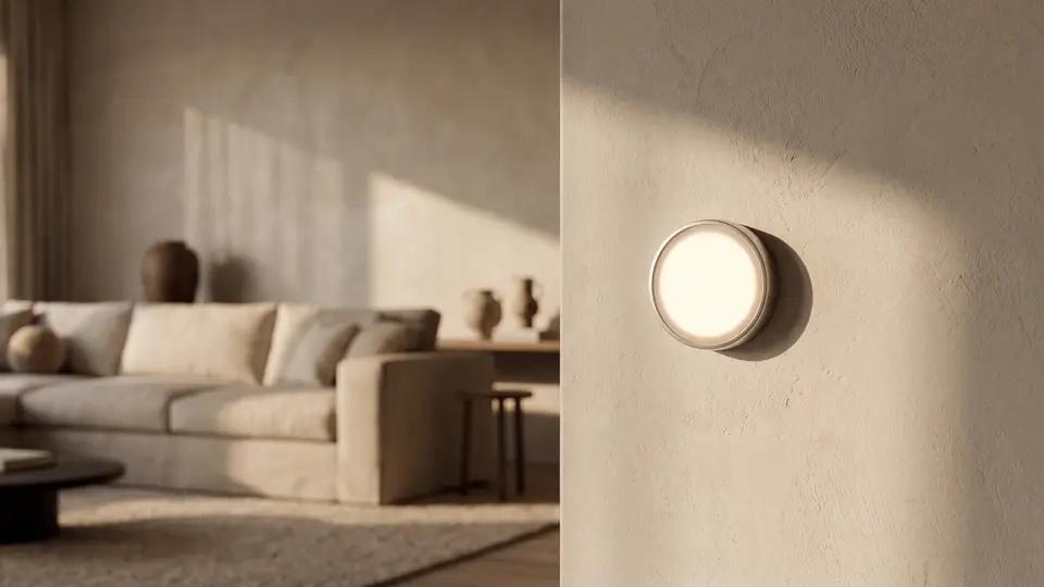 A smart thermostat glowing softly on a warm plaster wall in late afternoon sun