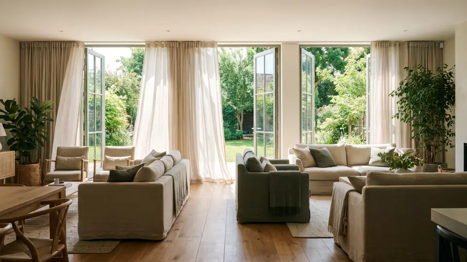 A sunlit open-plan room in high summer, garden doors open, curtains lifting in the breeze