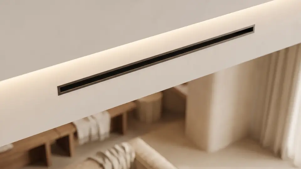 A linear slot diffuser set flush into a plaster ceiling, its edges razor clean