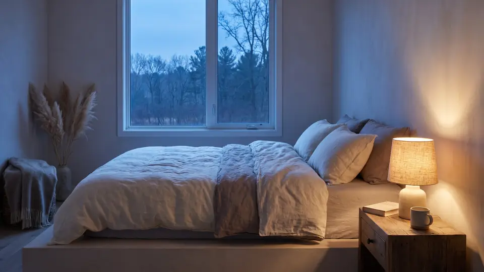 A quiet bedroom at dusk in early autumn, cool blue light against one warm lamp