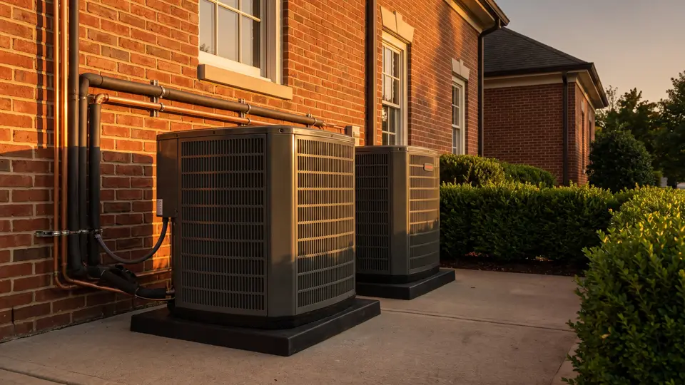 Two matched condensing units on a level pad, copper line sets sleeved and pitched