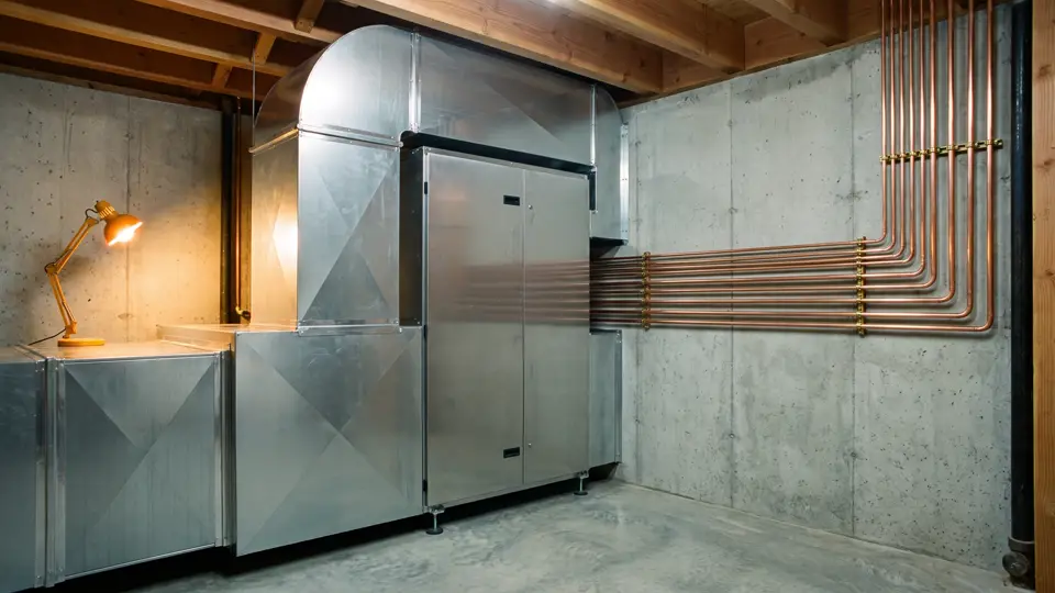 A mechanical room with a variable-speed air handler and immaculate plenum work