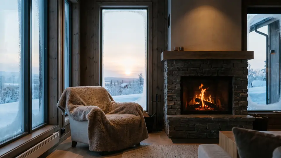 A snug living room on a frosted winter morning, pale sun through tall windows