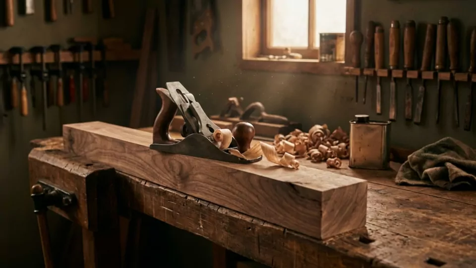 A walnut board clamped to the bench in workshop light