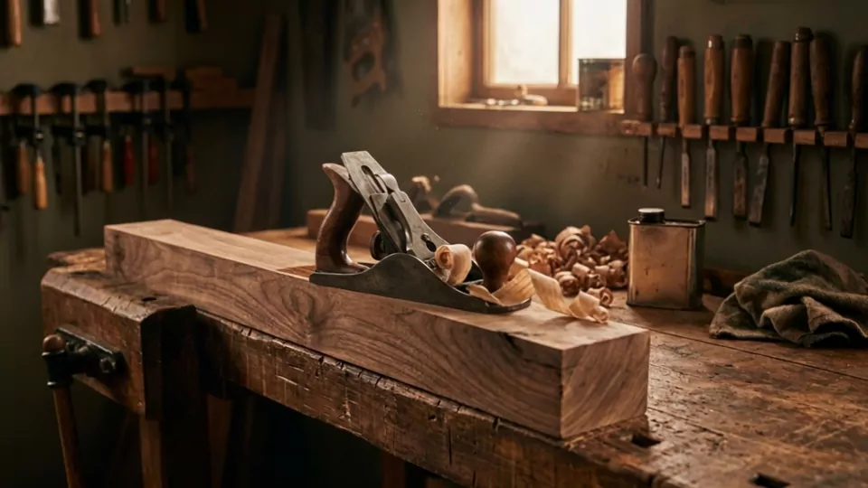A hand plane at the start of its stroke