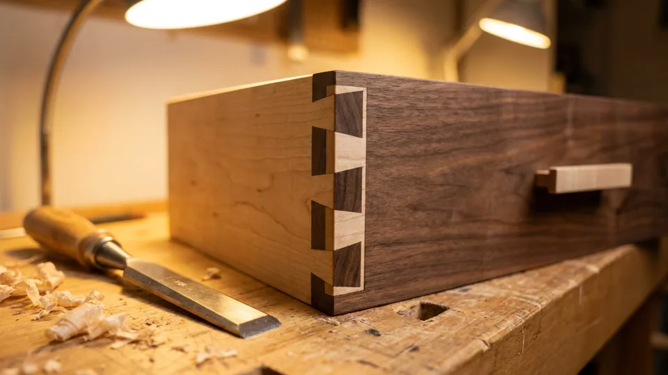 Hand-cut dovetail joints on a drawer corner, chisel resting beside them