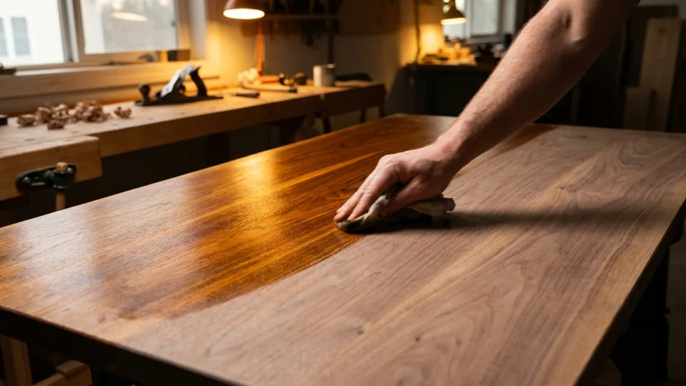 Oil deepening the figure of a finished tabletop, half matte and half glowing