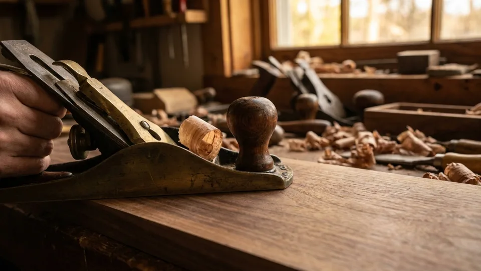 A hand plane at the start of its stroke, the shaving just beginning to lift