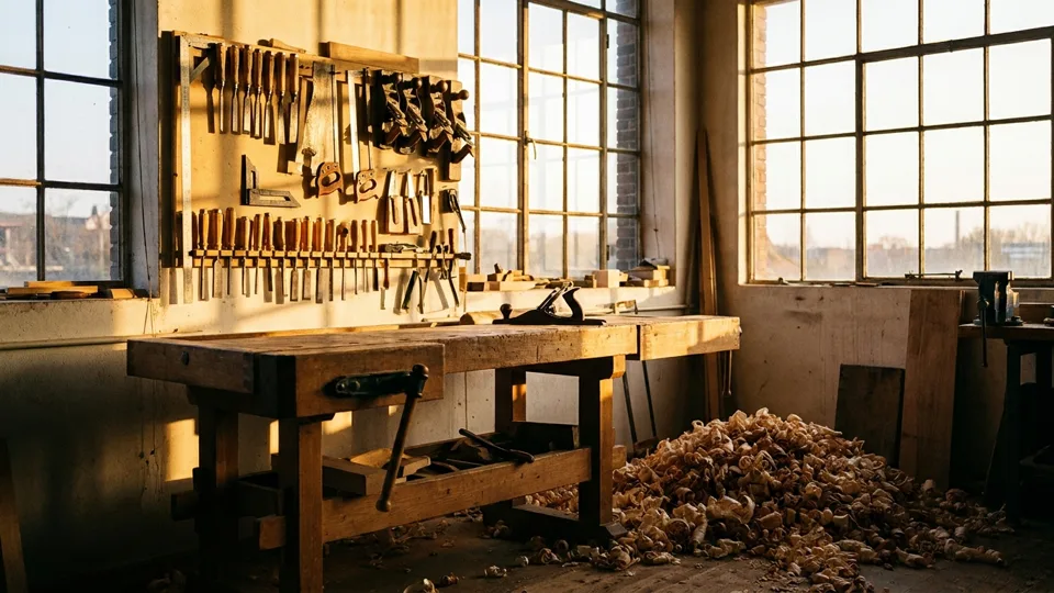 The joiner's bench at day's end, tools hung in ordered ranks