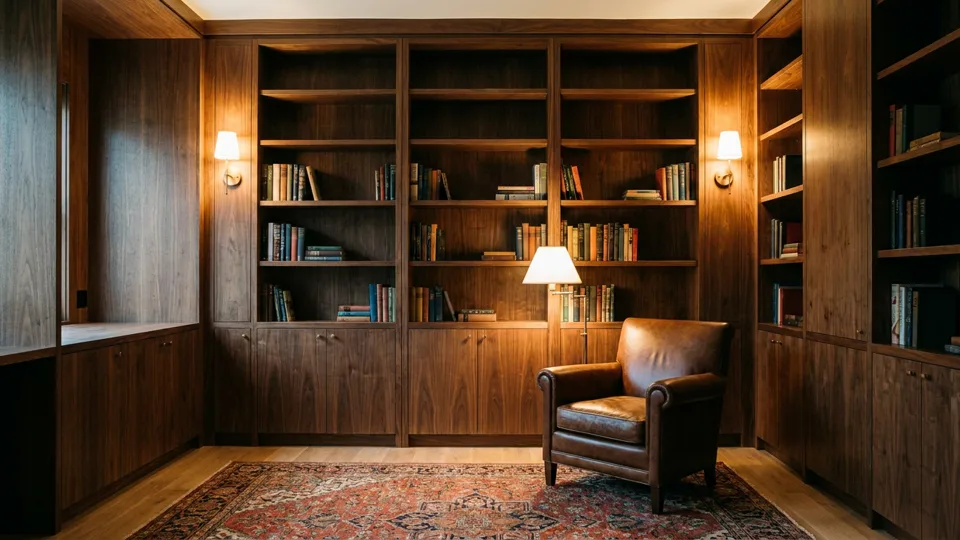 A built-in walnut library wall, shelves joined without a visible fastener