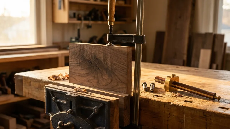 A walnut board clamped to the bench in warm workshop light