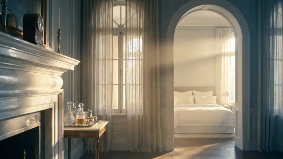 Morning haze in the light shaft through tall windows