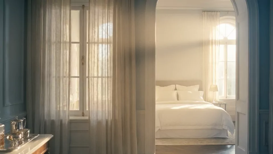 Sunlight across the ordered room at noon