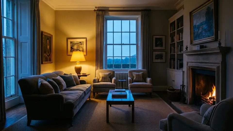 A drawing room at dusk in complete order, one warm lamp lit