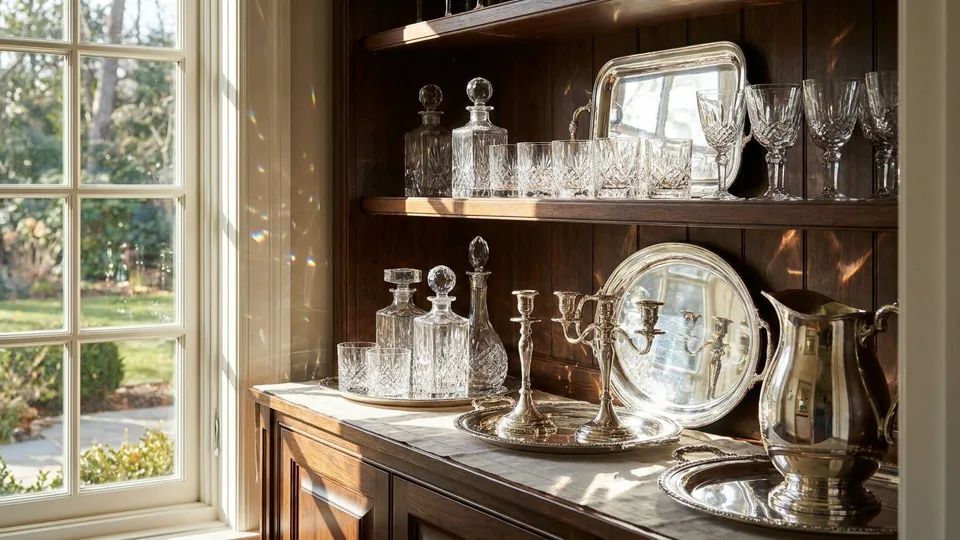 Crystal and silver freshly polished on an open pantry shelf