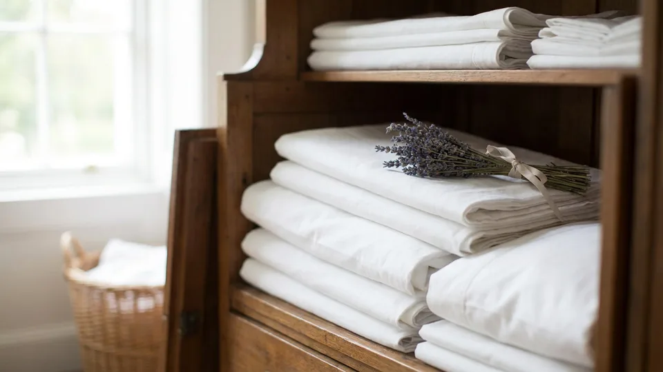Pressed sheets stacked in perfect alignment, a lavender sprig on top