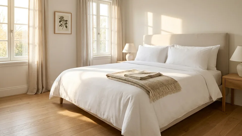 A guest room in full morning sun, bedding smoothed flat and squared