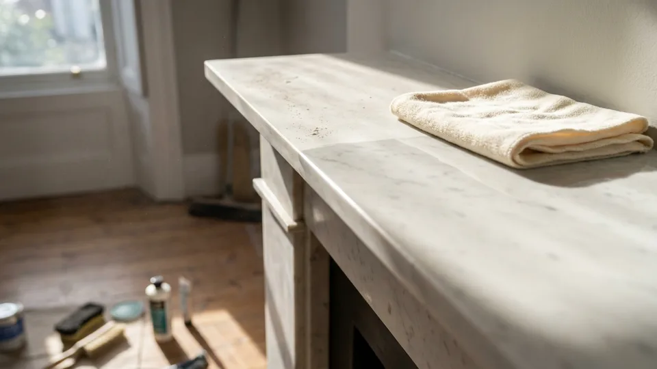 A marble mantel mid-polish, passing from matte to gleam under the cloth