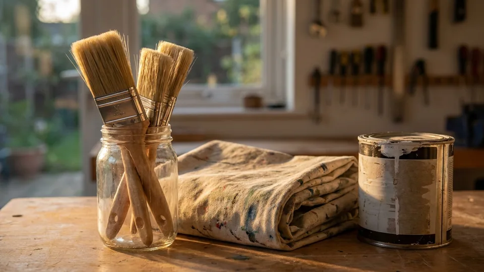 Brushes washed and resting bristles-up beside a folded drop cloth