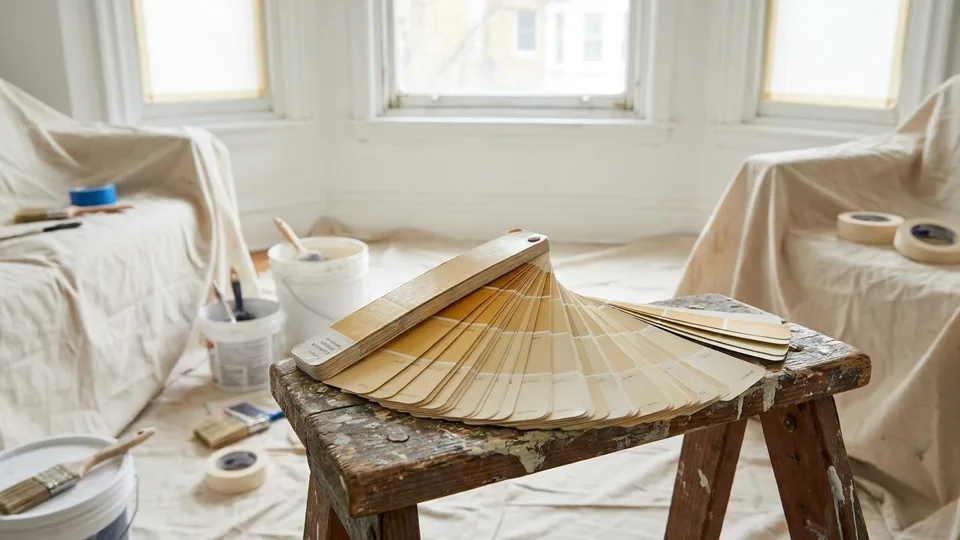 An open fan deck of colors resting on a stool in a room under preparation