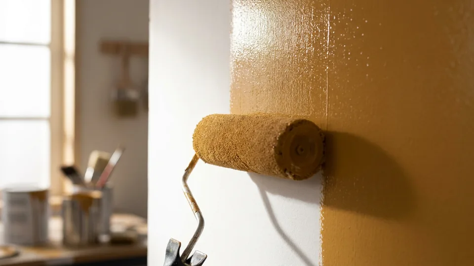 A roller laying the first coat of warm ochre, the wet sheen catching light