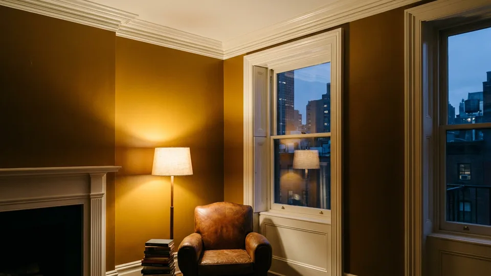 A finished room in deep ochre at dusk, the sheen even across the wall