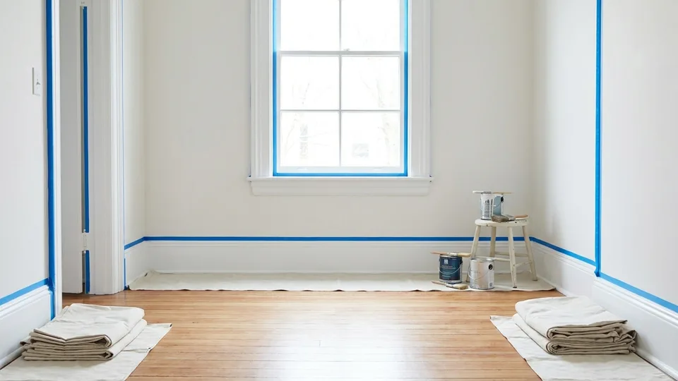 A room masked true, tape lines crisp along every length of trim