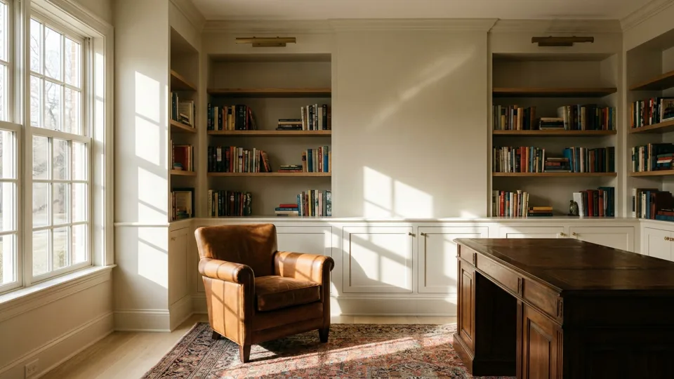 A private library repainted in muted ivory, shelves back on the wall