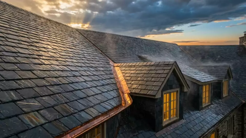 Wet slate courses shining under breaking cloud