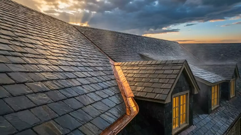 Slate courses catching the first sun after rain