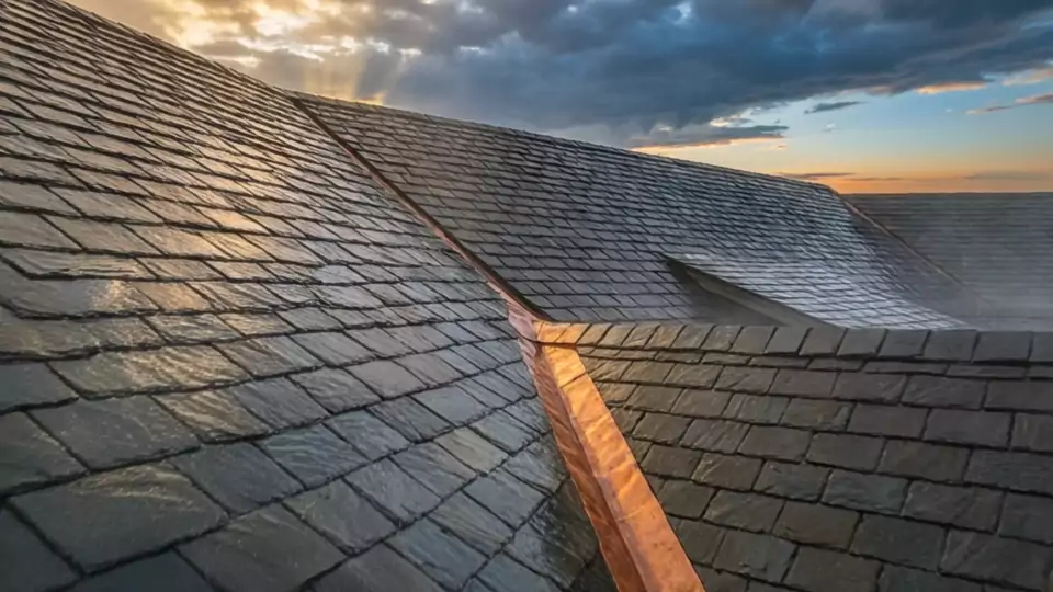 Dormer windows glowing warm below the ridge